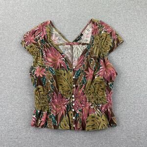 Madewell Top Womens M Green Pink Tropical Floral Linen Blend Cap Sleeve Summer